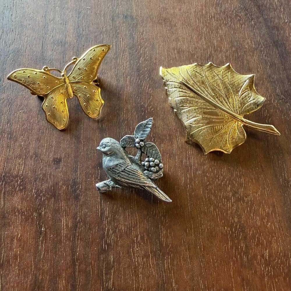 Vintage 3-Piece Brooch Lot Signed Birds & Blooms Pewter, butterfly leaf